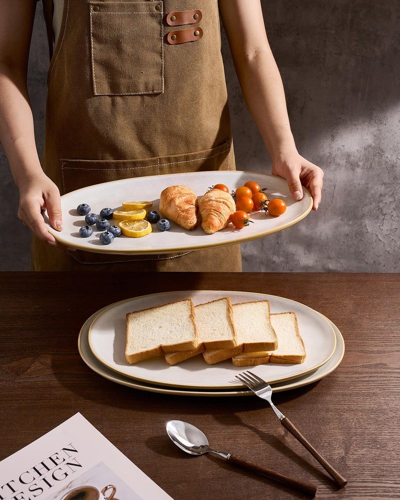 famiware Serving Platter, Oval 15.59/14.3/12.9 inch Serving Dishes for Entertaining, Serving Bowls, Microwave Safe, Stonware Serving Trays for Party, Turkey, Cheese, Ocean Series, Cappuccino White - Image 3