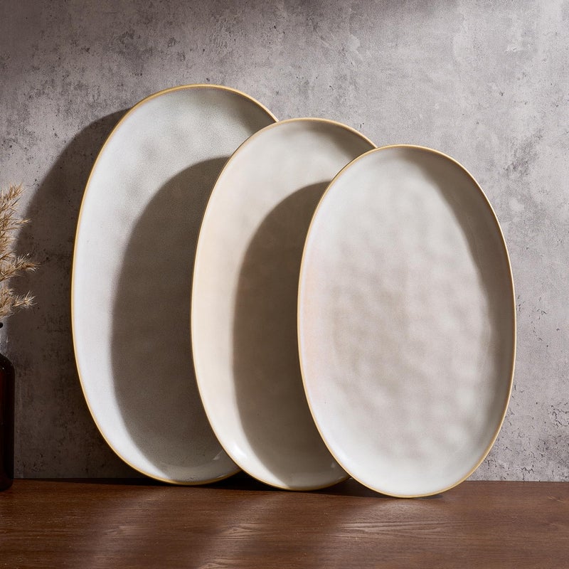famiware Serving Platter, Oval 15.59/14.3/12.9 inch Serving Dishes for Entertaining, Serving Bowls, Microwave Safe, Stonware Serving Trays for Party, Turkey, Cheese, Ocean Series, Cappuccino White - Image 1