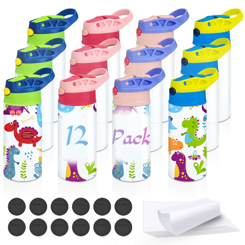 XccMe Kids Sublimation Tumbler,12 PACK 12oz Stainless Steel Sublimation Sippy Cup,Double Wall Insulated Kids Tumbler with Handle,Spill Proof lid,Shrink Films,Silicone Bottoms,for Water,Drinks - Image 1