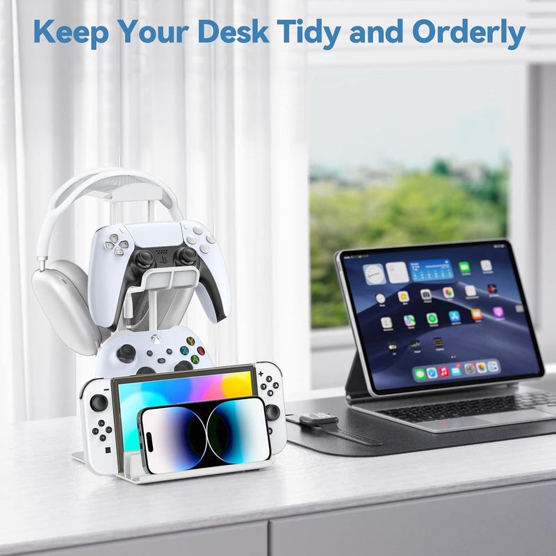 كي دي دي حامل سماعات ، حامل وحدات التحكم في الألعاب وحامل سماعات الرأس للمكتب، حامل سماعات أذن مع قضيب دعم من الألومنيوم، منظم تخزين عالمي لسماعات الرأس/وحدات التحكم/سويتش/آيباد/الهواتف المحمولة (أبيض) - Image 4