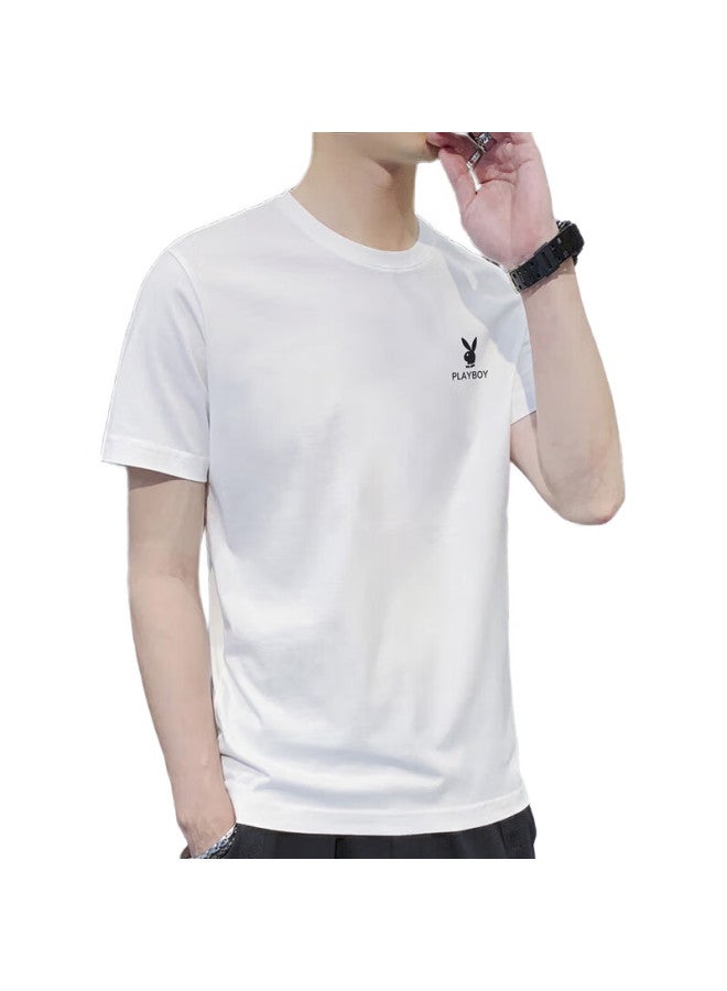 PLAYBOY Short-Sleeve T-Shirt For Men, Summer Men'S Top, Trendy Loose-Fit Solid Color Pure Cotton Undershirt, White, Xl - Image 1