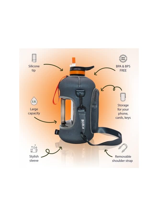 BEOLA زجاجة مياه سعة 2.2 لتر بنصف جالون مع غطاء من القش وأكمام تبريد من تريتان زجاجة رياضية كبيرة خالية من مادة Bpa مزودة بمقبض 74 أونصة - Image 4