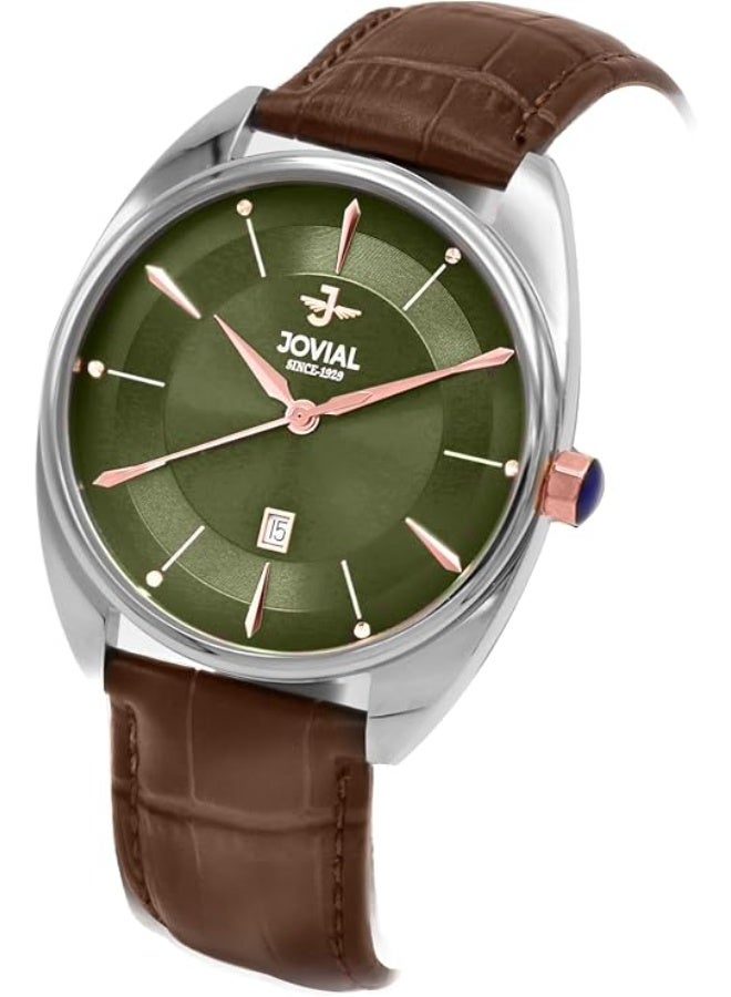 JOVIAL 5221 GSLQ 39 E Men's Fashion Watch, 40mm, Green Dial, Quartz Movement, Date Display, Leather Strap - Image 1