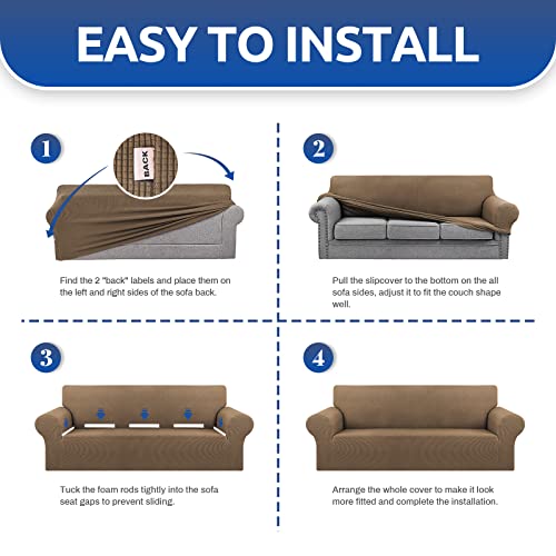 KEKUOU Stretch Oversized Sofa Slipcover 1 Piece Couch Sofa Cover (94"-110") Furniture Protector 4 Seater Sofa with Elastic Bottom for Kids,Pet.Jacquard Checked Pattern Fabric(X Large,Camel) - Image 4