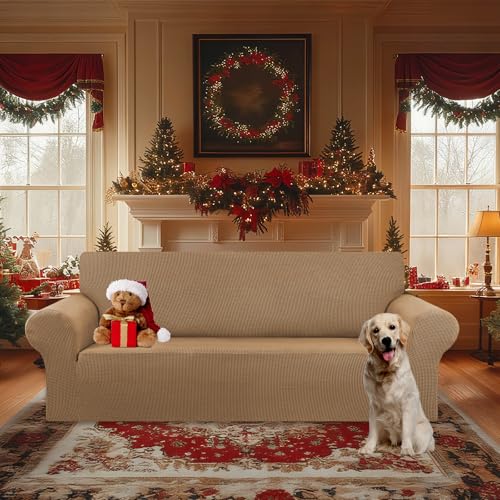 KEKUOU Stretch Oversized Sofa Slipcover 1 Piece Couch Sofa Cover (94"-110") Furniture Protector 4 Seater Sofa with Elastic Bottom for Kids,Pet.Jacquard Checked Pattern Fabric(X Large,Camel) - Image 2