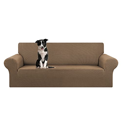 KEKUOU Stretch Oversized Sofa Slipcover 1 Piece Couch Sofa Cover (94"-110") Furniture Protector 4 Seater Sofa with Elastic Bottom for Kids,Pet.Jacquard Checked Pattern Fabric(X Large,Camel) - Image 1