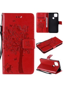 HuHa Case Cover For For Google Pixel 4a 5G / Pixel 5 XL Tree & Cat Embossed Pattern Horizontal Flip Leather Case with Holder & Card Slots & Wallet & Lanyard(Red) 