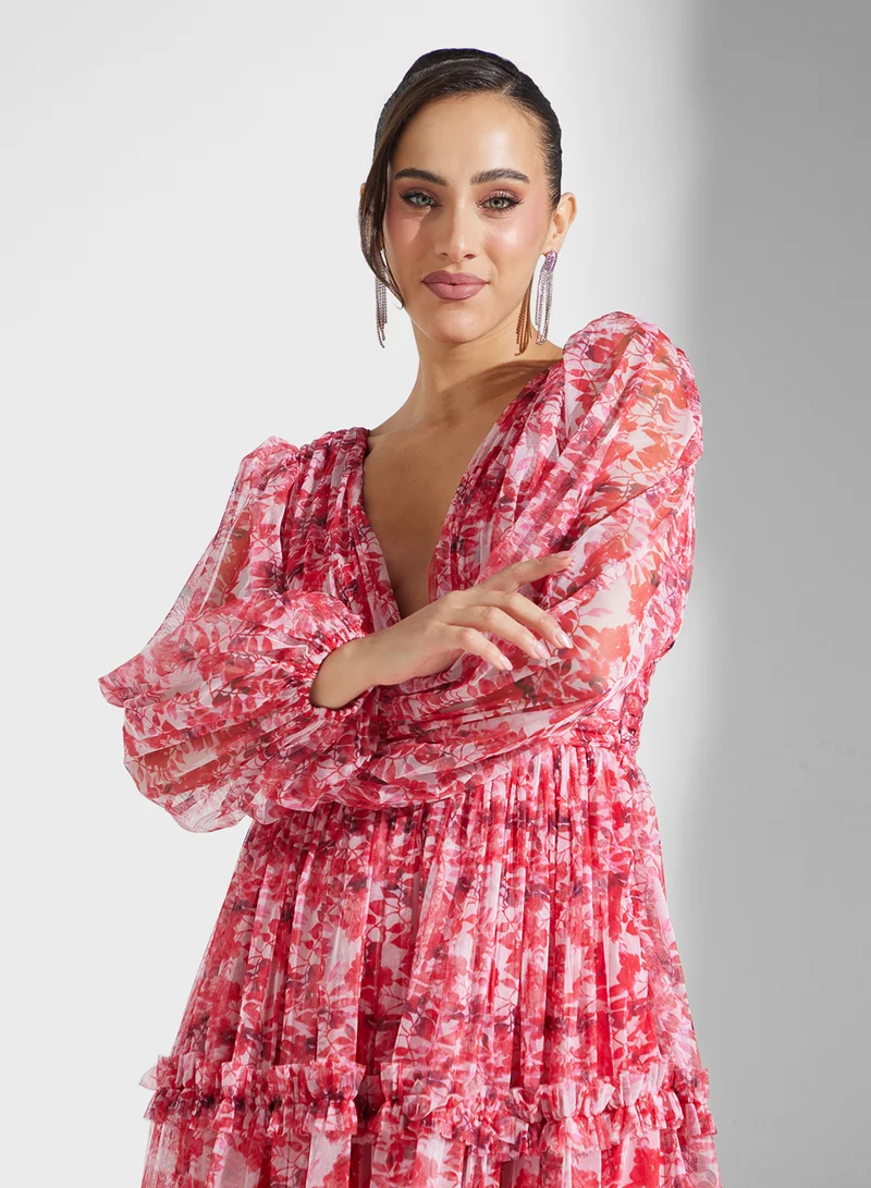 Lace and Beads Floral Ruffled Maxi Dress