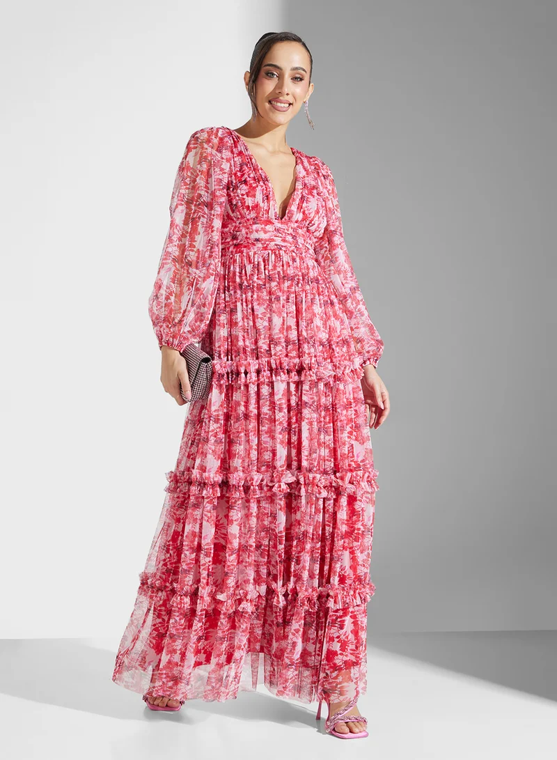 Lace and Beads Floral Ruffled Maxi Dress
