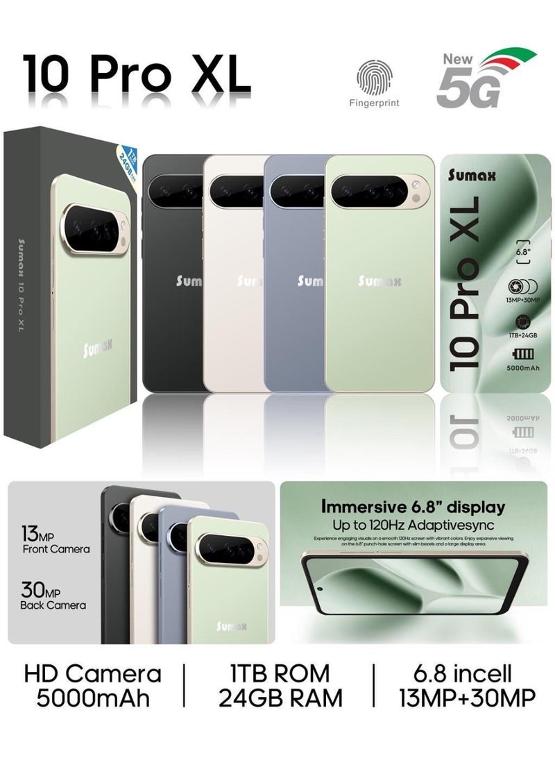 سوماكس Sumax 10 Pro XL smartphone, highlighting its design, specifications, and key features.  Main Features:  Display: 6.8-inch immersive screen with up to 120Hz AdaptiveSync refresh rate. Cameras: 13MP front camera and 30MP back camera. Performance: 24GB RAM and 1TB ROM (storage). Battery: 5000mAh capacity. Connectivity: Supports new 5G network. Security: Fingerprint sensor. Design: Available in multiple colors including green, black, beige, and blue.