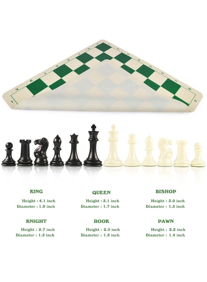 Oumoda 4" King Tournament Chess Set Foldable 20" Silicone Chess Board Mat with 2.2" Squares Green Color, Weighted Chess Pieces- 2 Extra Queens, Carrying Case for Storage and Travel - Image 1