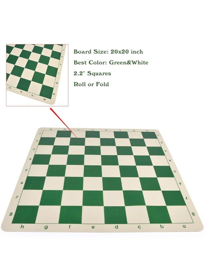 Oumoda 4" King Tournament Chess Set Foldable 20" Silicone Chess Board Mat with 2.2" Squares Green Color, Weighted Chess Pieces- 2 Extra Queens, Carrying Case for Storage and Travel - Image 2