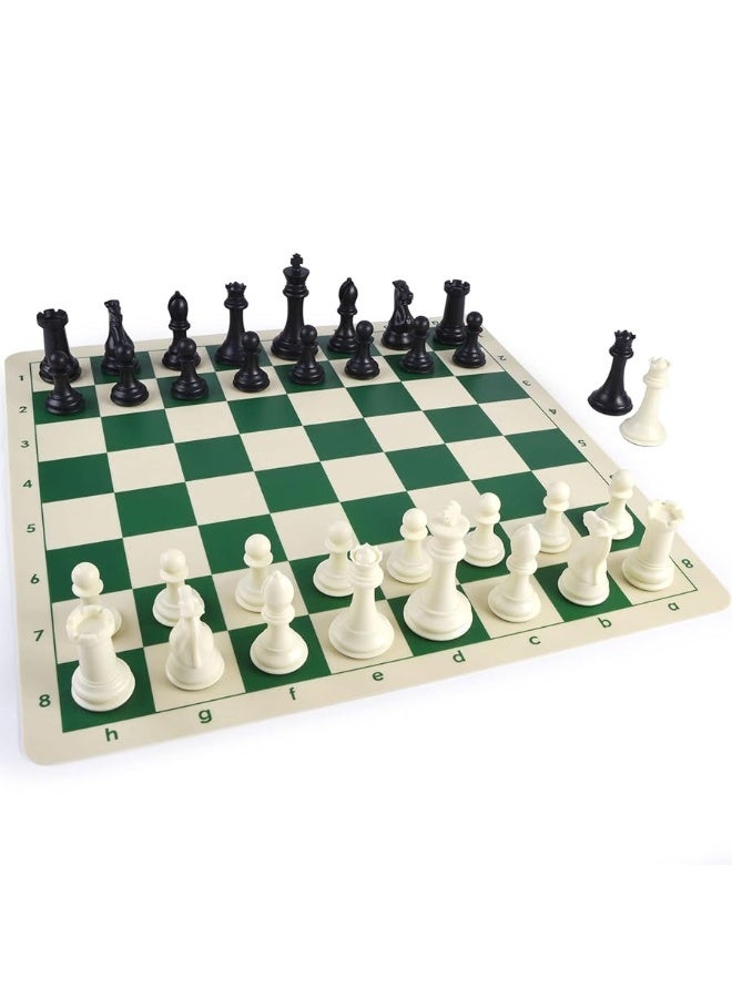 Oumoda 4" King Tournament Chess Set Foldable 20" Silicone Chess Board Mat with 2.2" Squares Green Color, Weighted Chess Pieces- 2 Extra Queens, Carrying Case for Storage and Travel - Image 3