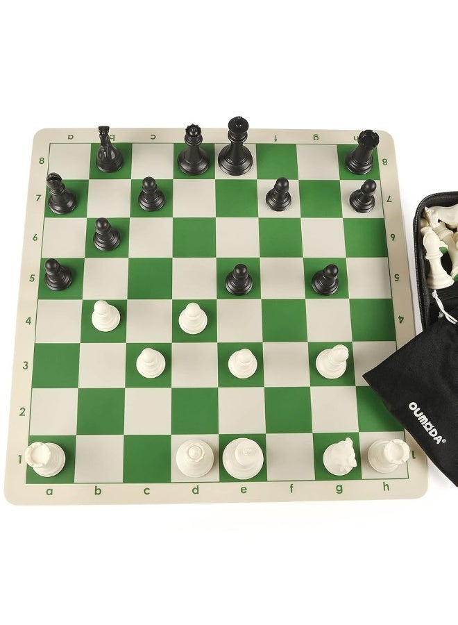 Oumoda 4" King Tournament Chess Set Foldable 20" Silicone Chess Board Mat with 2.2" Squares Green Color, Weighted Chess Pieces- 2 Extra Queens, Carrying Case for Storage and Travel - Image 4