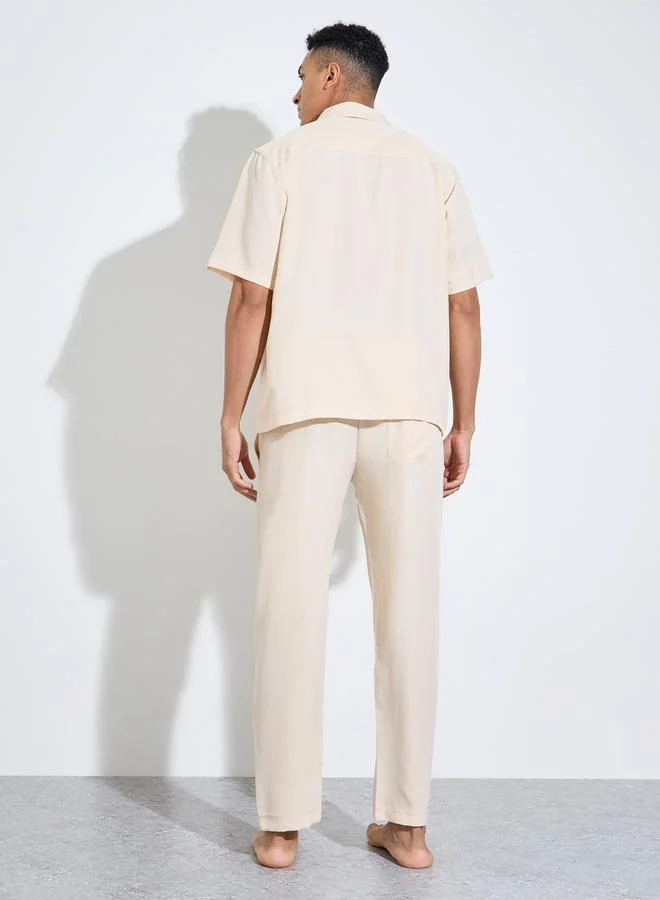Styli  Cream Solid Pocket Detail Shirt and Straight Leg Pants Pyjama Set for Men | Best Price UAE