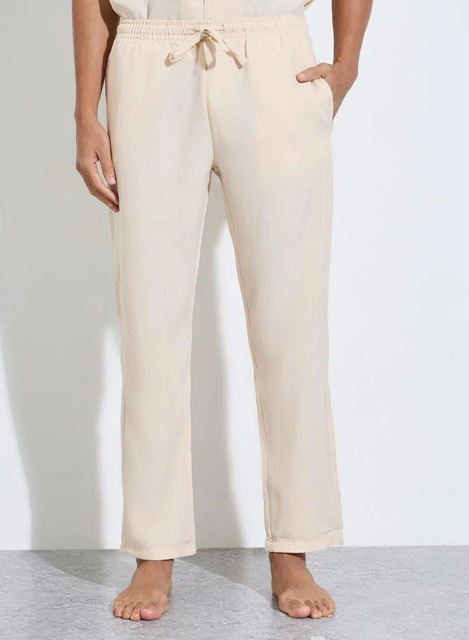 Styli  Cream Solid Pocket Detail Shirt and Straight Leg Pants Pyjama Set for Men | Best Price UAE