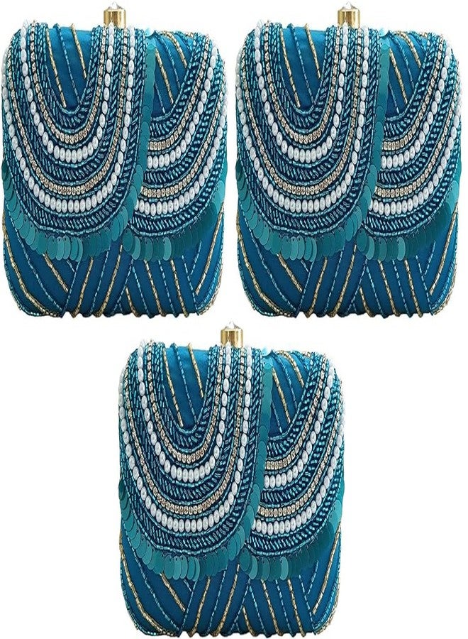 DUCHESS Women Hand Embroidered Sequins Blue Box Clutch for Wedding Party (Pack of 3)