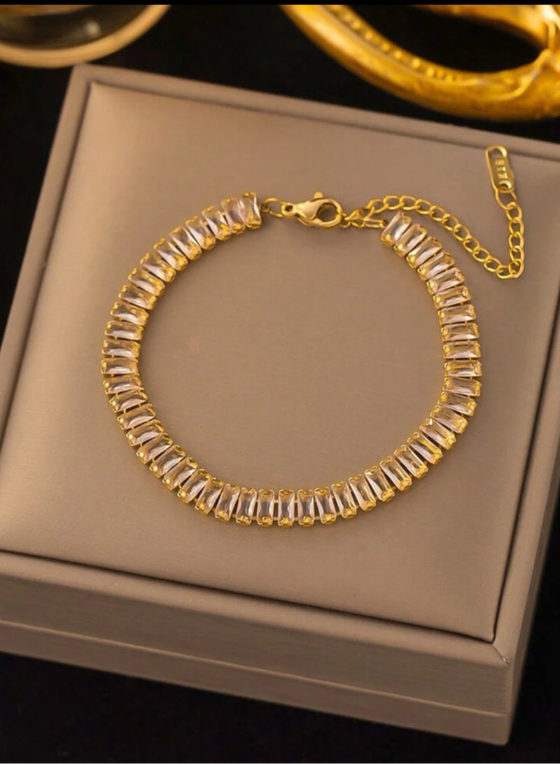 Equal Stylish Gold Plated Stainless Steel Bracelet For Women Inlaid With Zirconia - Image 2