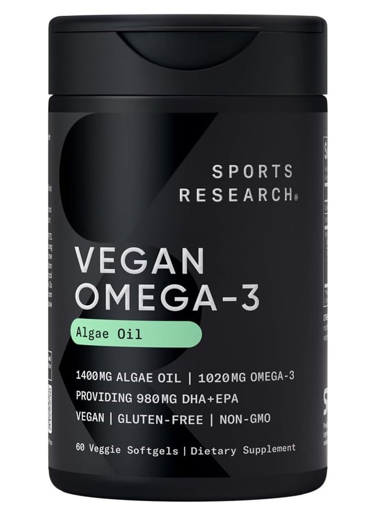 SPORTS RESEARCH Vegan Omega-3 Fish Oil from Algae - High Levels DHA And EPA Fatty Acids - 60 Softgels, Carrageenan Free - Image 1