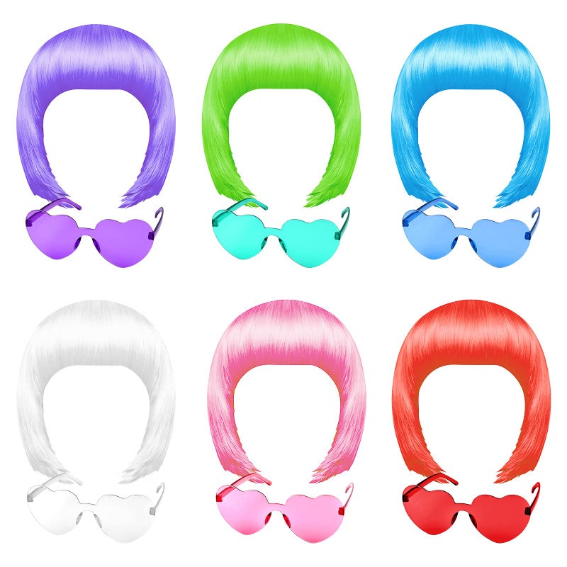 MIAHART 6 Pcs Short Bob Wig and 6 Pcs Sunglass Set, Neon Colored Wigs Colorful Cosplay Wigs Daily Party Hairpieces for Bachelorette Glow in The Dark Neon Party Favors Halloween Decorations Supplies - Image 1
