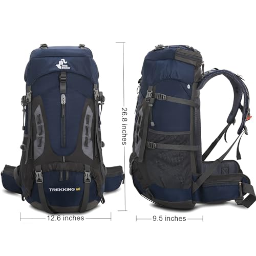Bseash 60L Hiking Camping Backpack with Rain Cover, Waterproof Large Capacity Outdoor Sport Travel Daypack Climbing Touring (Navy Blue) - Image 2