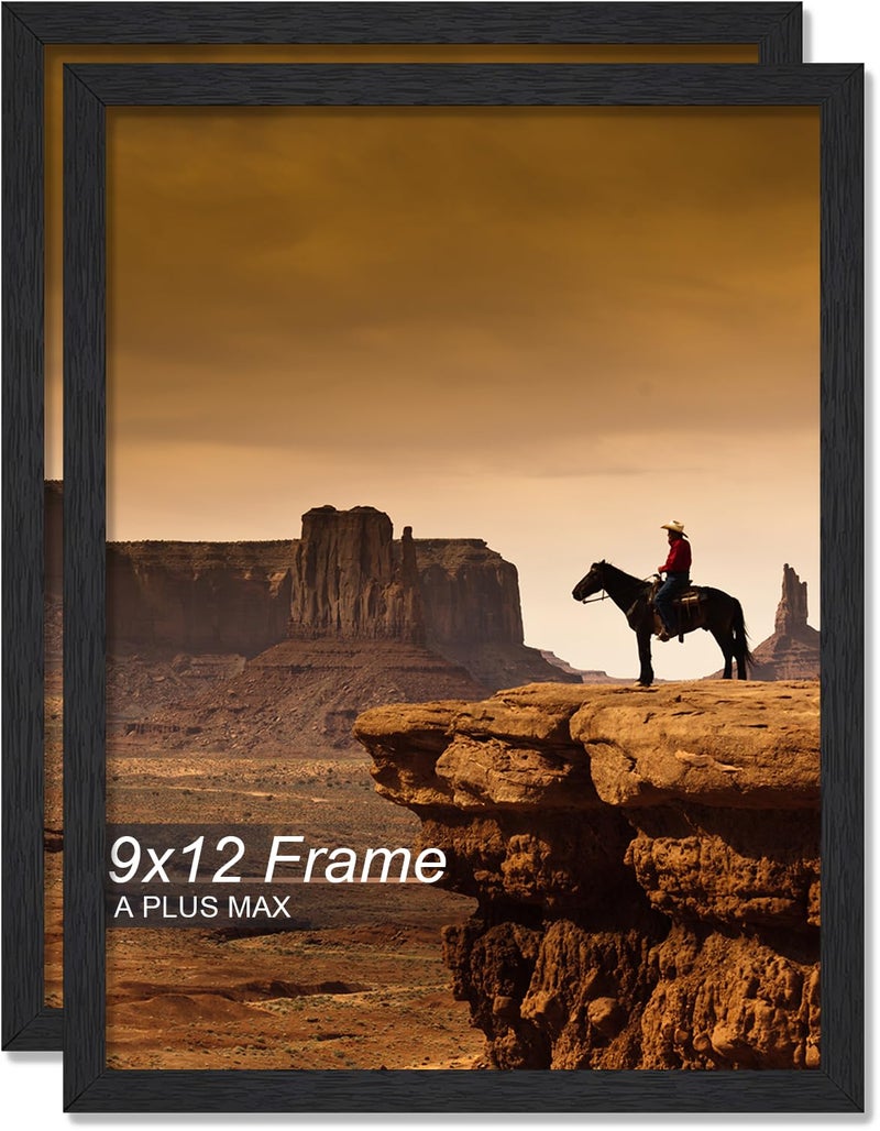 A PLUS MAX 9x12 Picture Frame Set of 2, Black Engineered Wood Frame for 9 x 12 Inch Picture Poster Photo, Light Weight 9 by 12 Frame with Wood-grain for Wall - 2 Pack/Black/9"x12" - Image 1