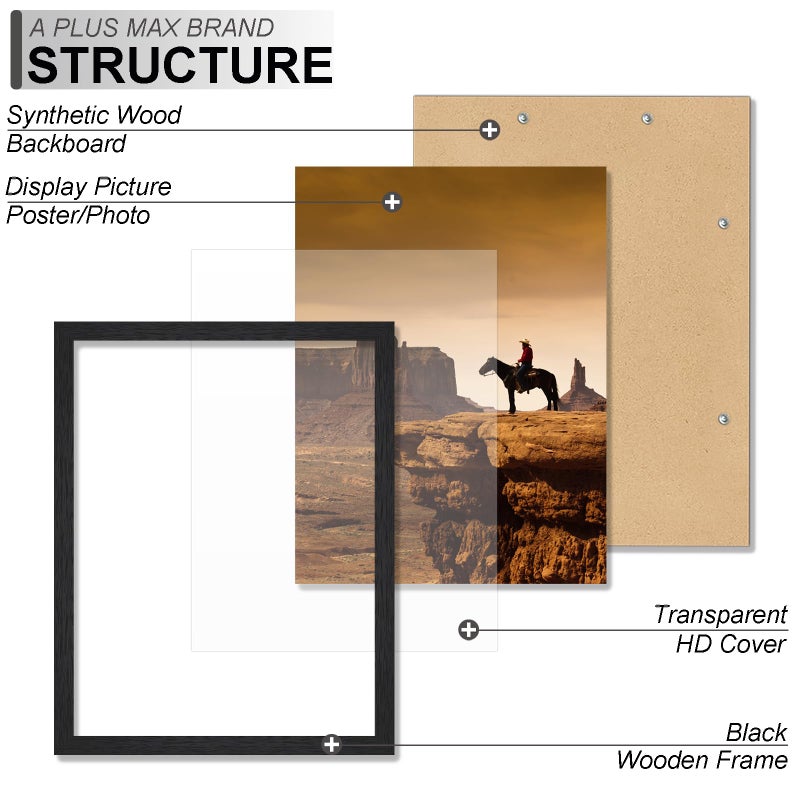 A PLUS MAX 9x12 Picture Frame Set of 2, Black Engineered Wood Frame for 9 x 12 Inch Picture Poster Photo, Light Weight 9 by 12 Frame with Wood-grain for Wall - 2 Pack/Black/9"x12" - Image 3