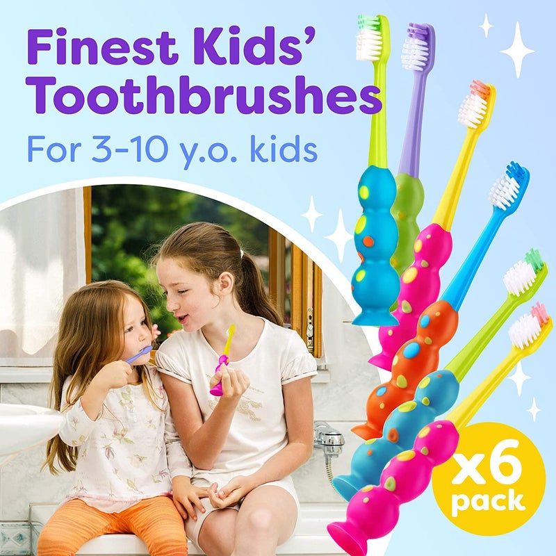 Trueocity Kids Toothbrush 6 Pack - Soft Contoured Bristles - Child Sized Brush Heads (3-10 Year Old) - Suction Cup for Fun & Easy Storage - Girl & Boy Set (6-Pack, Multi-Color) - Image 2