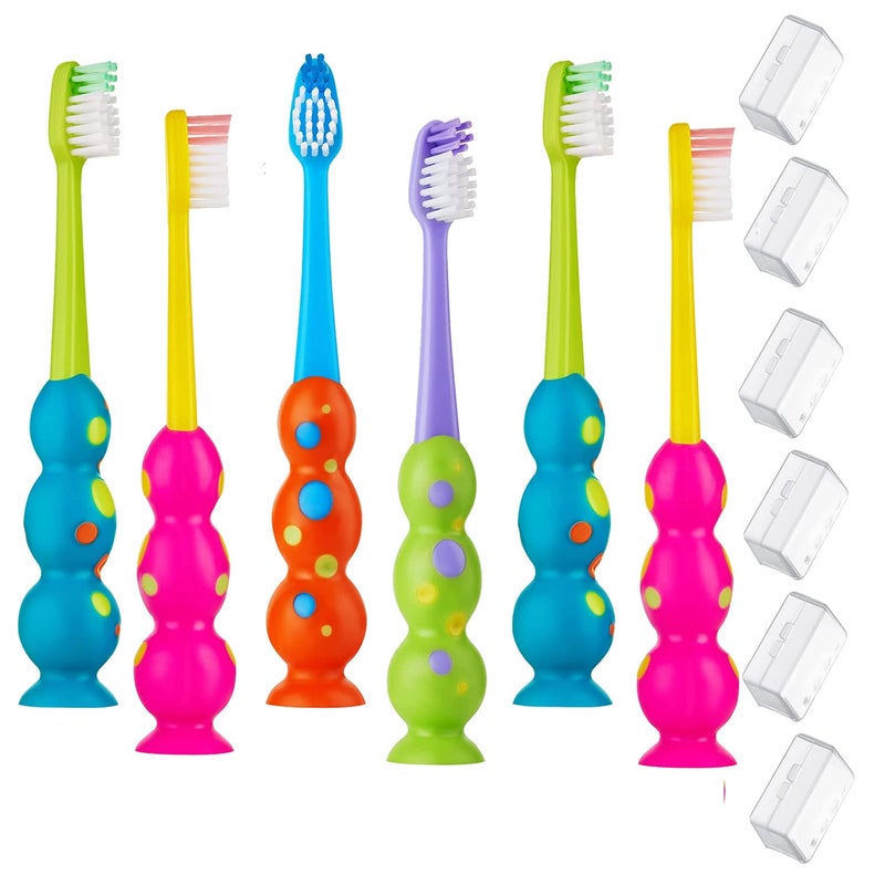Trueocity Kids Toothbrush 6 Pack - Soft Contoured Bristles - Child Sized Brush Heads (3-10 Year Old) - Suction Cup for Fun & Easy Storage - Girl & Boy Set (6-Pack, Multi-Color) - Image 1