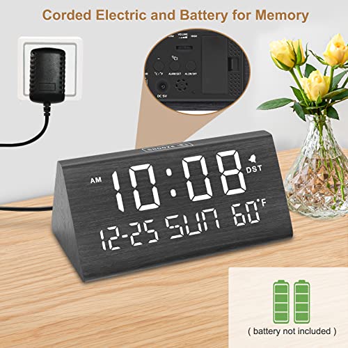 DreamSky Digital Alarm Clocks for Bedrooms - Wooden Desk Clock with Date, Day of Week, USB Port, Temperature, Dimmer for Bedside Table, Living Room, Office, Adjustable Volume, Auto DST, Wood Decor - Image 2