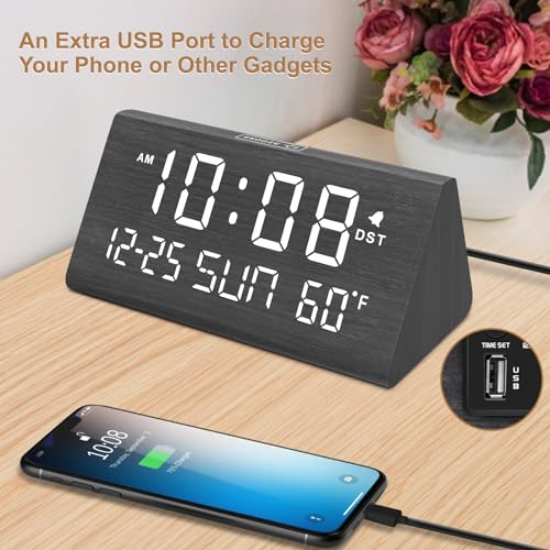 DreamSky Digital Alarm Clocks for Bedrooms - Wooden Desk Clock with Date, Day of Week, USB Port, Temperature, Dimmer for Bedside Table, Living Room, Office, Adjustable Volume, Auto DST, Wood Decor - Image 5