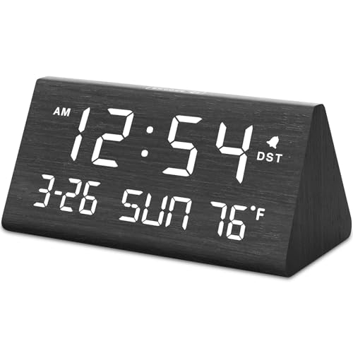 DreamSky Digital Alarm Clocks for Bedrooms - Wooden Desk Clock with Date, Day of Week, USB Port, Temperature, Dimmer for Bedside Table, Living Room, Office, Adjustable Volume, Auto DST, Wood Decor - Image 1