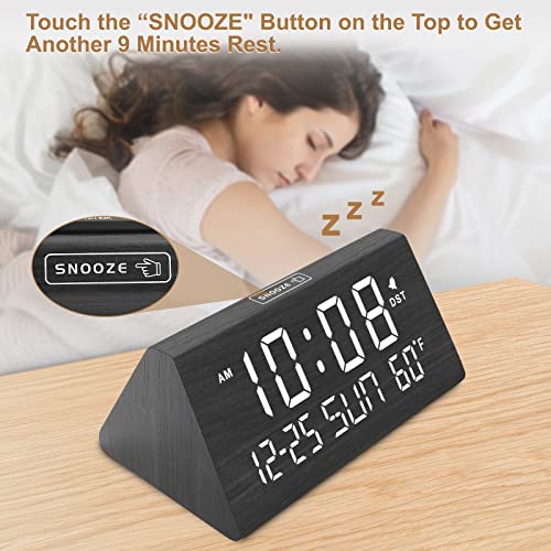 DreamSky Digital Alarm Clocks for Bedrooms - Wooden Desk Clock with Date, Day of Week, USB Port, Temperature, Dimmer for Bedside Table, Living Room, Office, Adjustable Volume, Auto DST, Wood Decor - Image 4