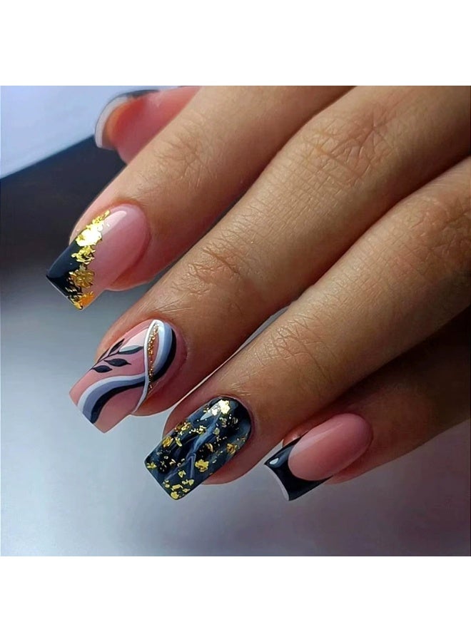 Goolsky Premium Press-on Nails with Black Gothic Style & Gold Foil Curve Wave Leaf for Edgy Glam