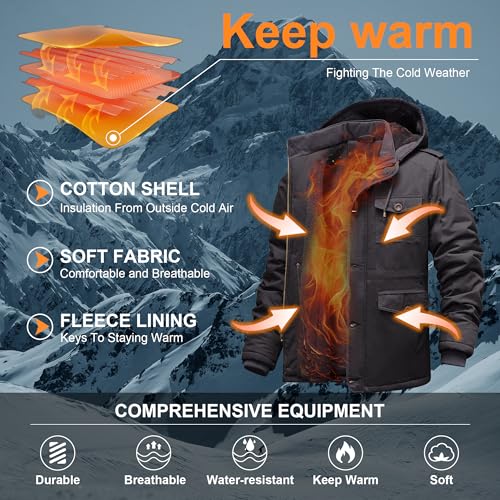 CHEXPEL Men's Winter Jackets with Removable Hood Fleece Lined Cotton Military Work Jackets Outerwear Coats with Pockets Gray XL - Image 3