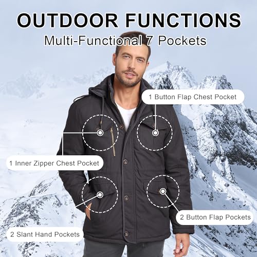CHEXPEL Men's Winter Jackets with Removable Hood Fleece Lined Cotton Military Work Jackets Outerwear Coats with Pockets Gray XL - Image 2