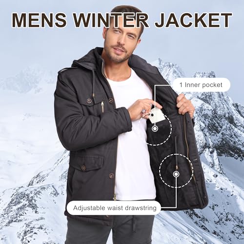 CHEXPEL Men's Winter Jackets with Removable Hood Fleece Lined Cotton Military Work Jackets Outerwear Coats with Pockets Gray XL - Image 5