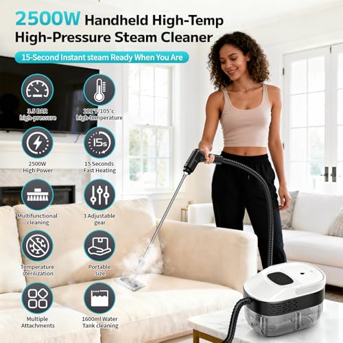 SRGARH Pressurized Steam Cleaner, 54oz Large Tank, Portable Steamer for Cleaning with 15-Piece Kit, 15s Fast Heat-Up, 3-Level Control, Handheld Steam Cleaner for Home, Car, Kitchen (White) - Image 5