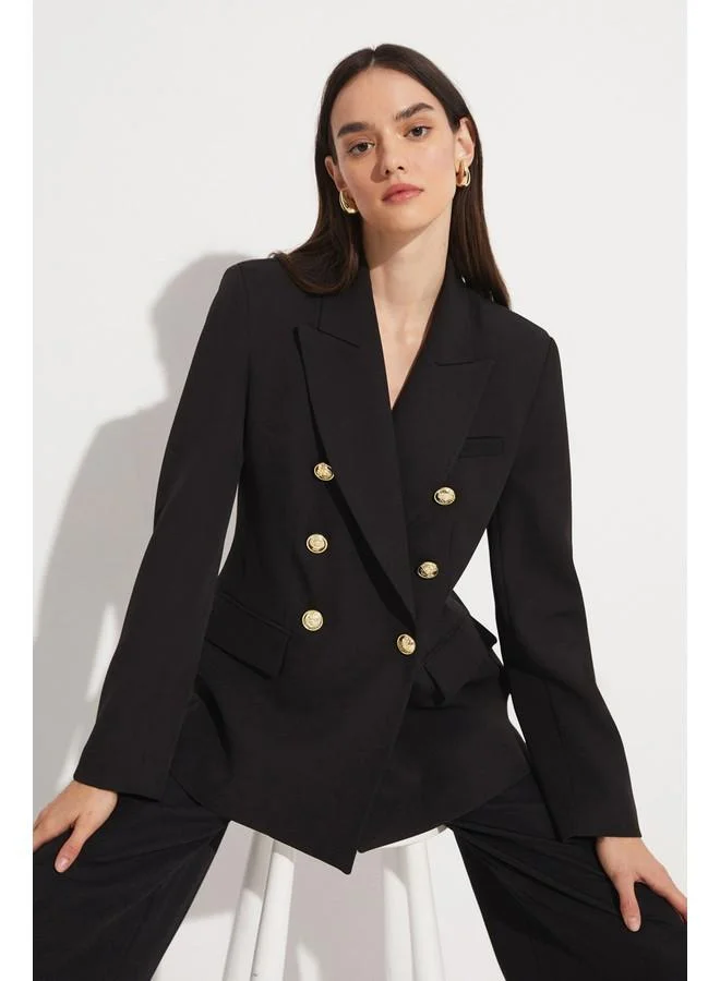 JUNE June Women Exclusive Regular Button Detailed Double Breasted Closure Basic Woven Blazer Jacket Black