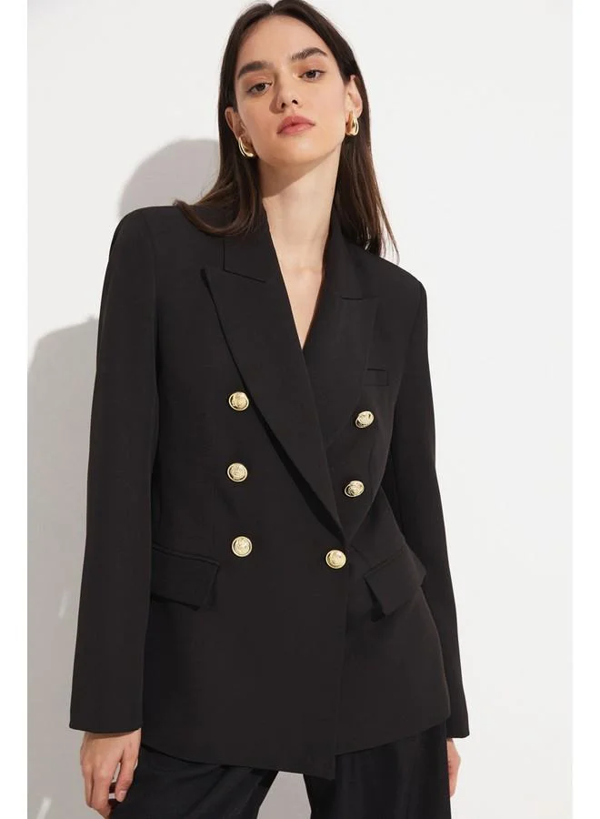 JUNE June Women Exclusive Regular Button Detailed Double Breasted Closure Basic Woven Blazer Jacket Black