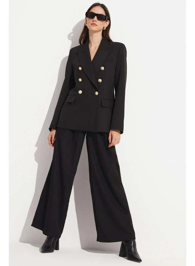 JUNE June Women Exclusive Regular Button Detailed Double Breasted Closure Basic Woven Blazer Jacket Black