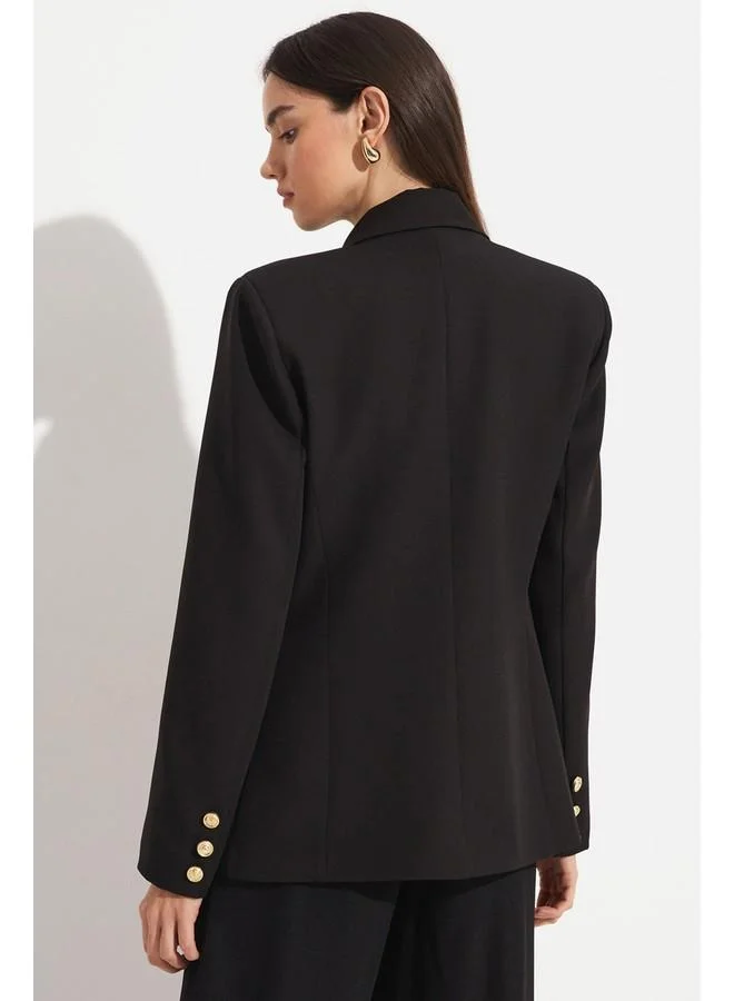 JUNE June Women Exclusive Regular Button Detailed Double Breasted Closure Basic Woven Blazer Jacket Black