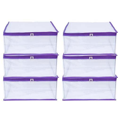 MBW Clothes Organiser for Wardrobe, Saree Covers with zip, Saree Organizer for Wardrobe, Clothes Storage Bag, Saree Bags Storage, Saree Covers for Storage, Transparent (Purple - Pack of 6) - Image 1