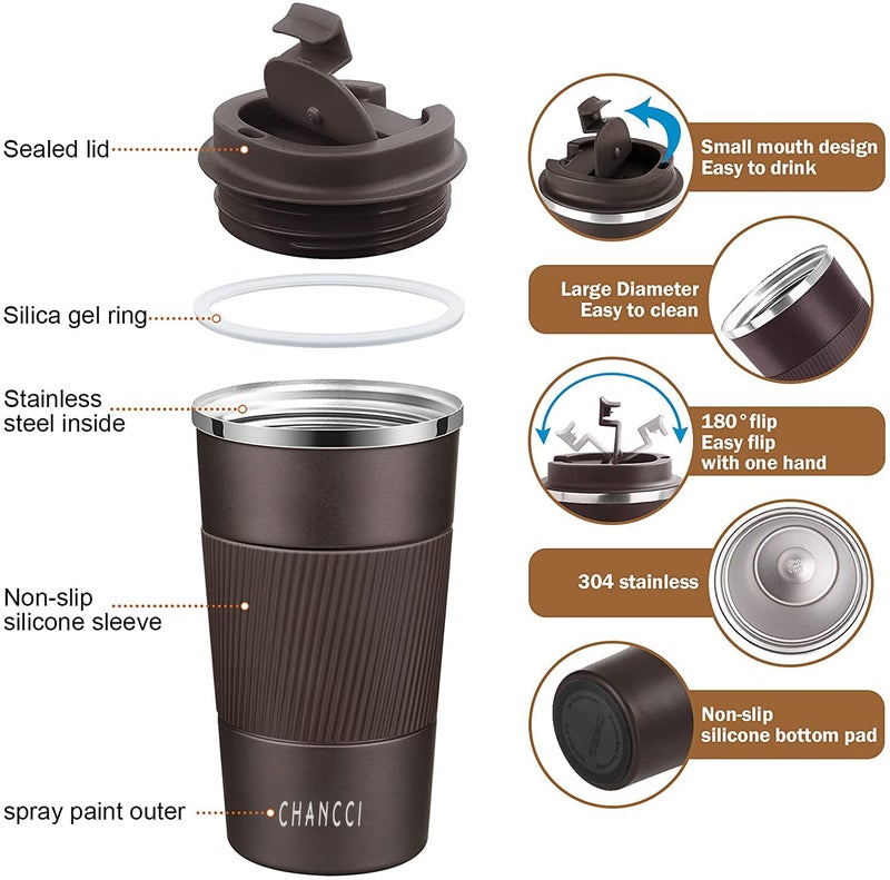 CHANCCI Travel Coffee Mug Spill Proof Leakproof 16 oz Insulated Coffee Mug with Screw Lid, Stainless Steel Vacuum Tumbler Reusable Thermal Coffee Cup to go for Hot and Cold Drinks -510ml, Brown - Image 2