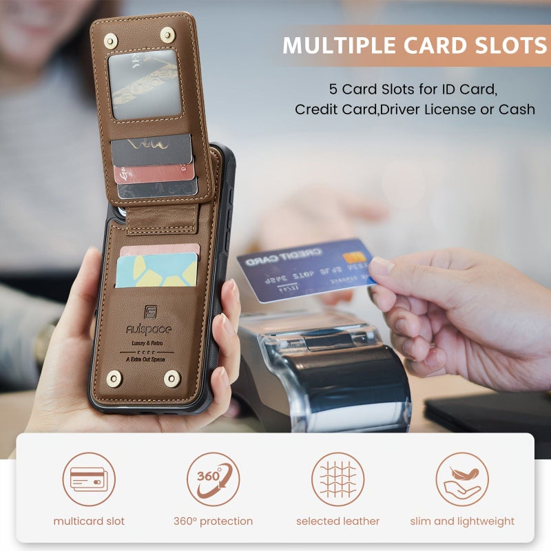 Magnetic Flip Card Holder With Stand For iPhone 13 Dark Brown Faux Leather Wallet RFID Anti Theft Anti Brush Back Case - Image 1