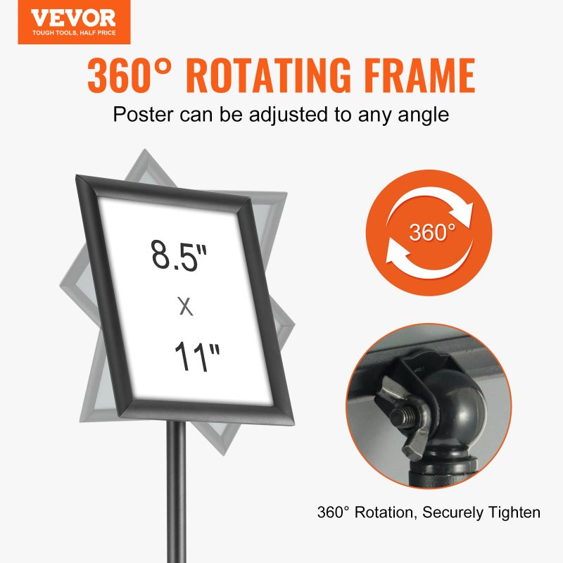 VEVOR Pedestal Sign Holder, 8.5 x 11 Inch Vertical and Horizontal Adjustable Poster Stand, Heavy-Duty Floor Standing Sign Holder with Round Base for Display, Advertisement, and Outdoor, Black - Image 2