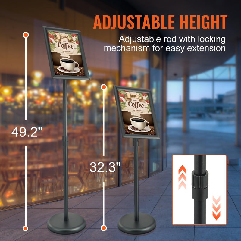 VEVOR Pedestal Sign Holder, 8.5 x 11 Inch Vertical and Horizontal Adjustable Poster Stand, Heavy-Duty Floor Standing Sign Holder with Round Base for Display, Advertisement, and Outdoor, Black - Image 3