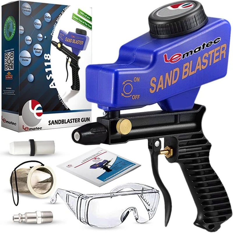 LE LEMATEC LE LEMATEC Sand Blaster Gun Kit for Air Compressor, Portable Abrasive Media Blaster for Cleaning, Paint & Rust Removal, Works with Aluminum, Sand, Walnut, & Soda, Ideal for Metal & Wood, AS118 Blue  - Image 1