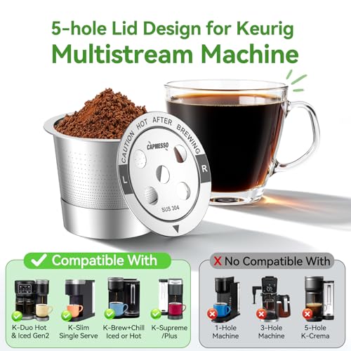 CAPMESSO Reusable K Cups for Keurig: 2026 Updated All Stainless Steel Coffee Pods with 5 Holes for Keurig K Supreme, K Slim, K Duo Gen 2 Multistream Coffee Maker with Scoop, Zero Plastic (4 Pack) - Image 5