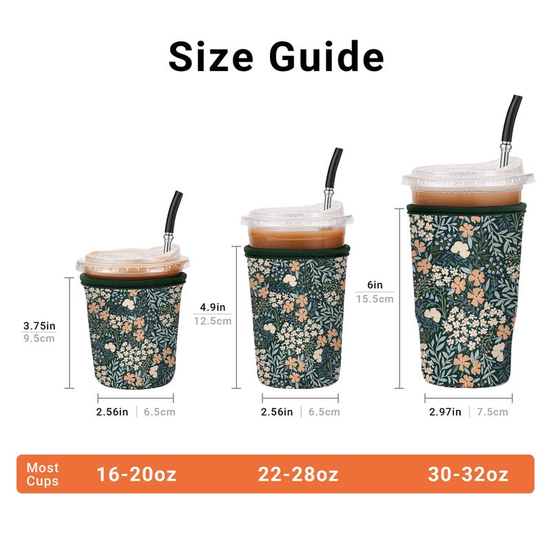 Cavllson 3 Pack Iced Coffee Sleeve Reusable - Neoprene Insulated Cup Sleeve for Cold and Hot Drinks 16-32oz, Keeps Hands Dry and Drinks Cold - Vintage Bloom - Image 2